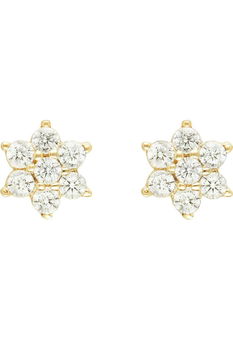 Gold-toned star-shaped earrings featuring seven round, clear gemstones set in a polished metal base, with prong accents for secure attachment.