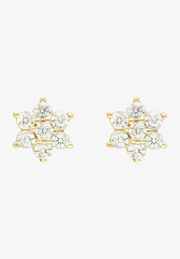 Gold-toned star-shaped earrings featuring seven round, clear gemstones set in a polished metal base, with prong accents for secure attachment.