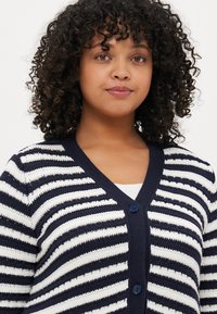 Navy and white striped cardigan, knitted texture, v-neck, two blue buttons, featuring wide horizontal stripes, ribbed cuffs and hem.