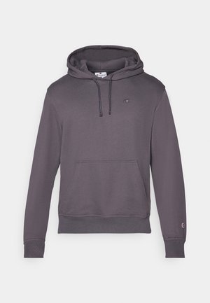 Šedá mikina s kapucňou vyrobená z bavlneného zmesi, s klokaním vreckom, šnúrkami, rebrovanými manžetami a malým logom na hrudi.