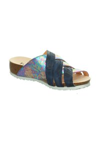 Mehrfarbiger Sandale mit schimmernden Riemen in Blau und Pink, einem Korkfußbett und einer weißen Gummisohle. Das überkreuzte Design verbessert die Belüftung.