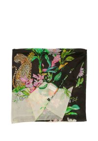 Fular floral cu un design de leopard pe un fundal negru, realizat dintr-un material transparent cu culori vibrante și modele botanice detaliate.