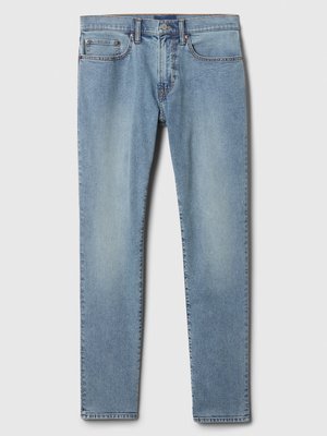 Lichtblauwe denim jeans met een rechte pasvorm, voorzien van vijf zakken, een knoop-ritsluiting en vervaagde gedeelten op de benen.