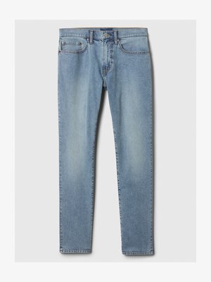 Lichtblauwe denim jeans met een rechte pasvorm, voorzien van vijf zakken, een knoop-ritsluiting en vervaagde gedeelten op de benen.