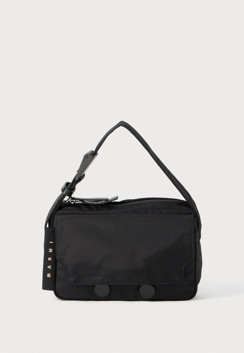 Black rectangular shoulder bag with front flap, two round buttons, zipper closure, and adjustable strap with Marni tag on side.
