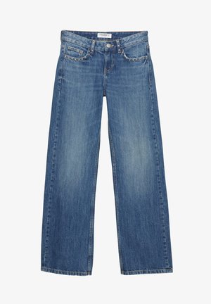 Weite blaue Jeans aus Denim mit heller Waschung, Fünf-Taschen-Design und Metallbeschlägen am Bund und den Taschen.