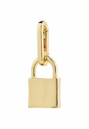 Gold-tone padlock charm with a sleek rectangular body and rounded top. Features a detachable clasp for versatile attachment.