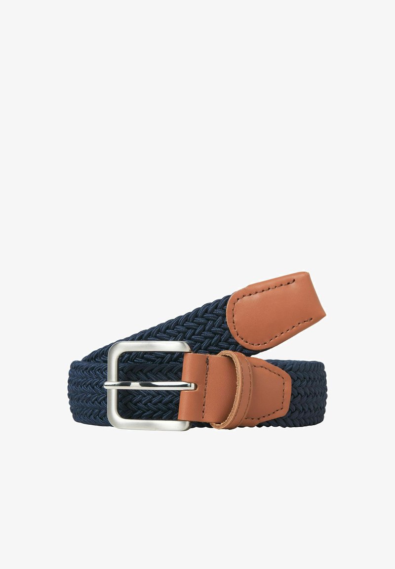 Jūrų laivyno mėlyna austa diržo juosta su rudos odos detalėmis ir sidabrine metaline sagtimi. Turi pintą tekstūrą ir lygią odinę apdailą galiniuose kraštuose.