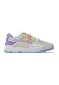 Sneakers with a white mesh and leather upper, featuring pastel accents in pink, green, and purple. Textured rubber sole with distinct tread.