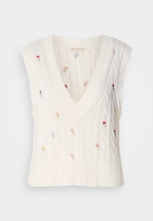 Chaleco de punto sin mangas en color crema con un profundo escote en V, que presenta bordados florales en rosa, azul y amarillo. Dobladillo acanalado y textura de punto trenzado.