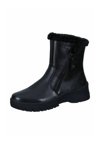 Botas de tobillo de cuero negro con un suave collar de piel sintética y cremallera lateral. Suela de goma texturizada para agarre y comodidad.