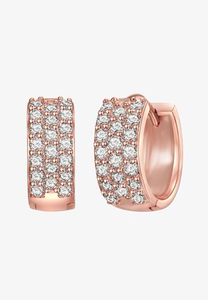 Naušnice iz rožnatega zlata imajo vrsto okroglih, prozornih kristalov, postavljenih v mrežni vzorec. Gladek notranji del z varnim mehanizmom za zapiranje.