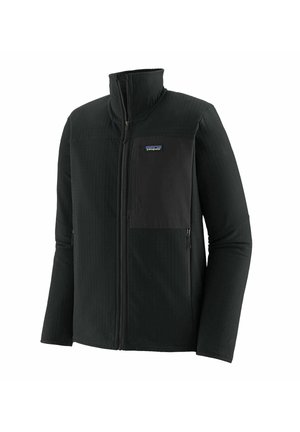 Black fleece jacket featuring a zip-up front, stand-up collar, and a contrasting black pocket, with subtle textured detailing throughout.