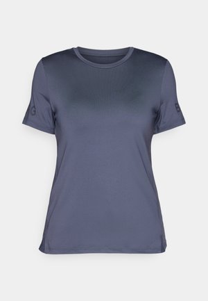 T-shirt de sport à manches courtes, gris foncé, en tissu lisse, avec un col rond et un logo sur la manche gauche.