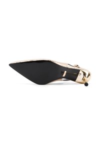 Scarpa con tacco alto a punta, con tomaia in oro metallico, suola nera e design elegante. Presenta un piccolo dettaglio di fibbia per la chiusura.
