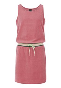 Abito in spugna rosa con design senza maniche, sottolineato in vita da una cintura verde, dotato di scollatura rotonda e vestibilità morbida.