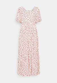 Bílé květinové šaty s červenými květy, krátkými nabíranými rukávy, čtvercovým výstřihem, rozšířeným pasem a vrstevnatou sukní. Vyrobeny z lehkého materiálu.