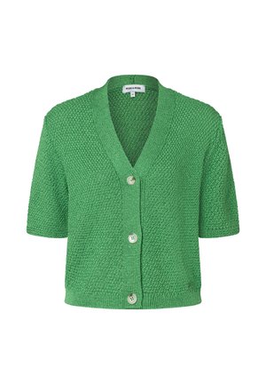 Short green knitted short-sleeve cardigan with V-neck and three buttons down the front, textured pattern throughout.