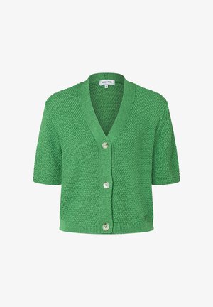 Kurze grüne Strickjacke mit kurzen Ärmeln, V-Ausschnitt und drei Knöpfen vorne, durchgängig mit einer strukturierten Musterung.