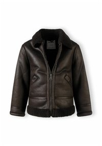 Veste en cuir marron avec fermeture éclair à l'avant, col en fourrure de mouton et finition texturée. Dotée de poches latérales et d'un design court.