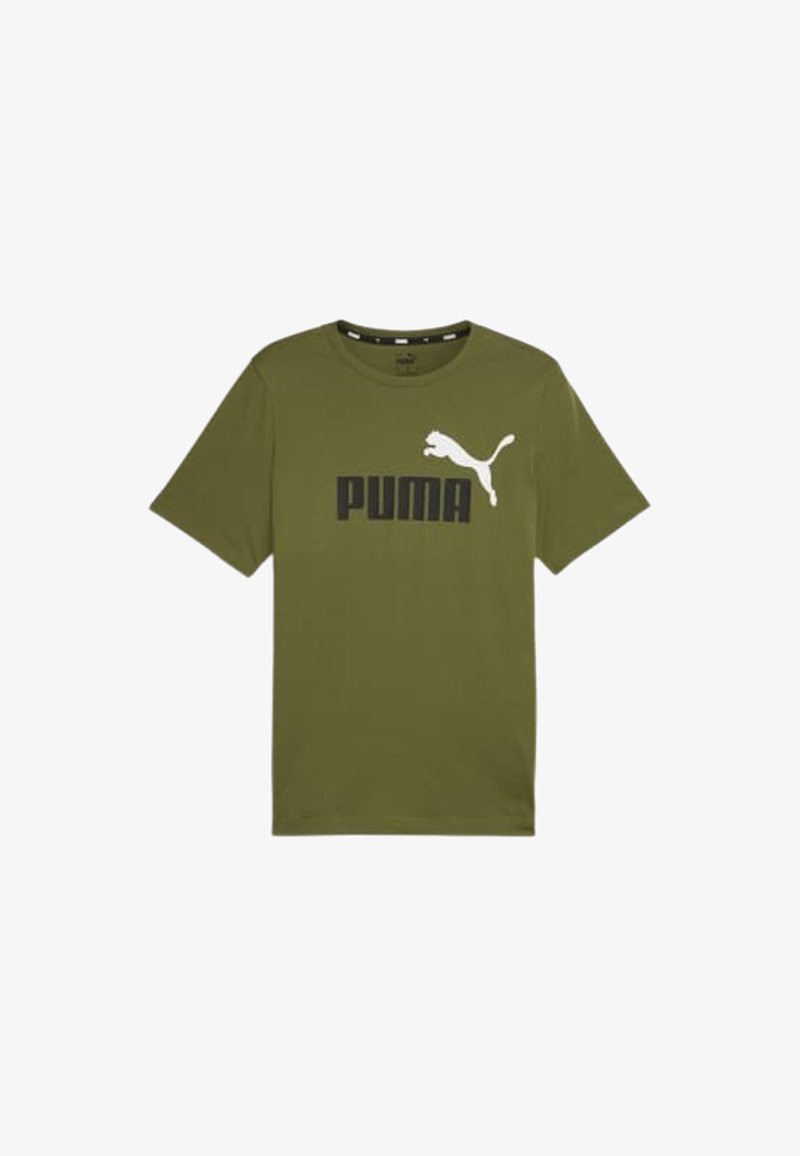 Camiseta de algodón de manga corta en color verde oliva, con un prominente logo negro de "PUMA" y un gráfico de un gato saltando en blanco en la parte frontal.