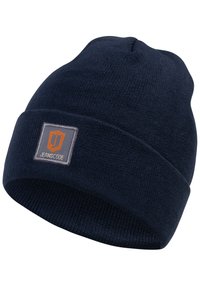 Lahe sinine kootud beanie müts ribakujulise tekstuuriga. Esiküljel on ristkülikukujuline oranži ja halli värvi plekk, millel on kirjas "JEANSCODE".
