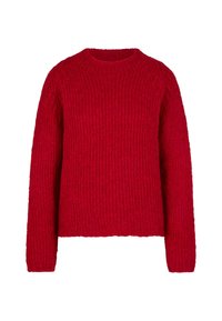 Maglione rosso lavorato a maglia con scollatura a girocollo, maniche lunghe, texture a coste e vestibilità comoda, caratterizzato da un motivo in filato spesso.