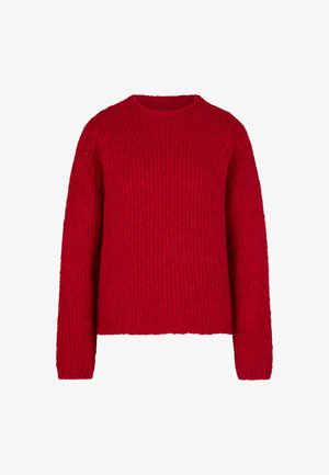 Roter Strickpullover mit Rundhalsausschnitt, langen Ärmeln, strukturiertem Rippmuster und lockerer Passform, der ein grobmaschiges Garnmuster aufweist.