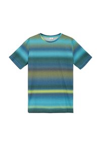 Korte mouwen t-shirt met een gradientpatroon in blauw, groen en gele tinten, met een ronde halslijn en ribbeltextuur.