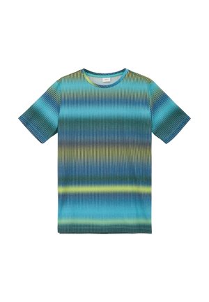 Korte mouwen t-shirt met een gradientpatroon in blauw, groen en gele tinten, met een ronde halslijn en ribbeltextuur.