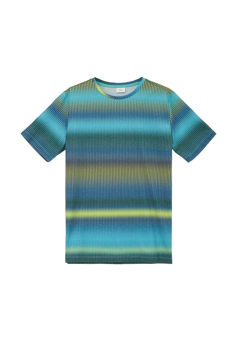 Korte mouwen t-shirt met een gradientpatroon in blauw, groen en gele tinten, met een ronde halslijn en ribbeltextuur.