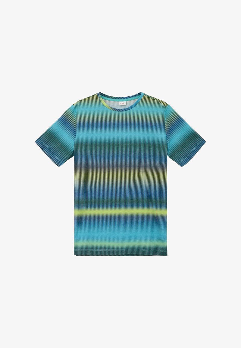 T-shirt à manches courtes avec un motif dégradé de teintes bleues, vertes et jaunes, doté d'un col rond et d'une texture côtelée.