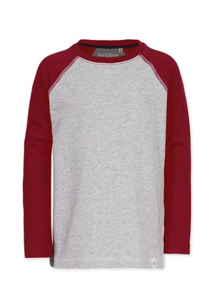 Graues Langarmshirt mit roten Raglanärmeln. Mit einem runden Ausschnitt und dezenten Nähten. Gewebtes Etikett am Saum. Aus Baumwollmischung gefertigt.