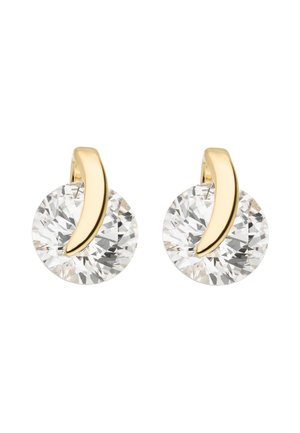 Gold-tone earrings featuring round, clear crystals. The design includes a curved accent above the crystals, highlighting their brilliance.