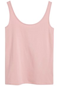 Top sin mangas de color rosa claro, hecho de algodón suave. Presenta un escote redondeado y un dobladillo recto. Sin patrones ni adornos.