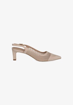 Beige suede slingback pump with pointed toe, mid-height block heel, and mesh honeycomb pattern on the sides.