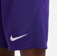 Paarse atletische shorts gemaakt van ademend materiaal, met een wit Nike-logo op de onderste zoom en zichtbare stikseldetails.