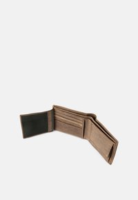 Brown leather wallet with multiple card slots, a clear ID window, and a smooth texture. It is folded open to display the interior compartments.