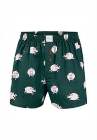 Groene katoenen boxershorts met een speelse varkensprint. Beschikt over een elastische tailleband en knoopsluiting, met cartoonachtige varkens in verschillende poses.