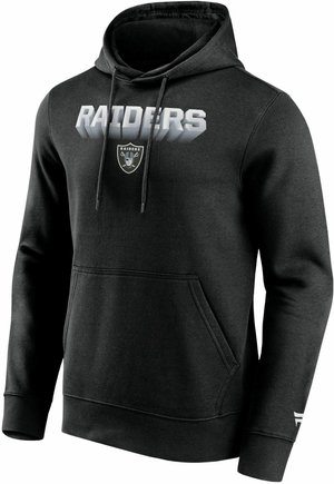 Sweat à capuche noir arborant le mot "RAIDERS" en lettres grises, un logo avec un crâne et des épées, une poche avant et des cordons de serrage sur la capuche.