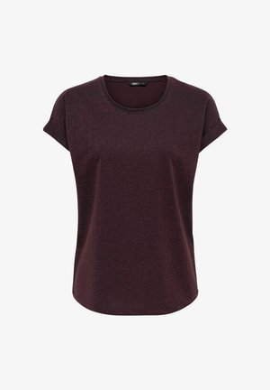 Kortærmet mørkelilla meleret t-shirt med rund halsudskæring og små opsmøgede manchetter på ærmerne, forfra.