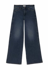Vide benjeans i mørkeblå denim, med knaplukning, forlommer og en lett falmet tekstur med en ren søm.