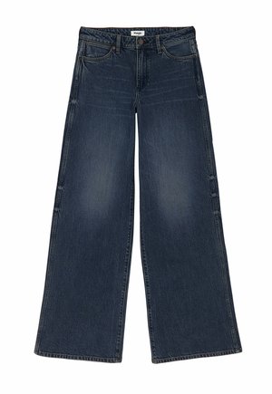 Jean large en denim bleu foncé, avec une fermeture à boutons, des poches avant et une texture légèrement délavée avec un ourlet net.