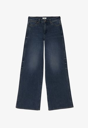 Wide-leg jeans in dark blue denim, featuring a button closure, front pockets, and a slightly faded texture with a clean hem.