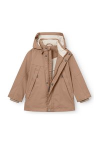 Light brown waterproof jacket with a hood, featuring a zip front, snap buttons, and side pockets; made from smooth, lightweight fabric.