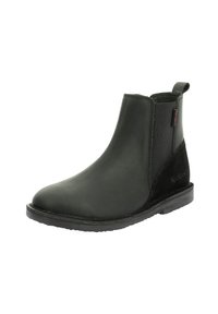 Stivaletto nero realizzato in pelle liscia con pannelli laterali elastici, punta rotonda, cuciture rinforzate e suola in gomma texturizzata.