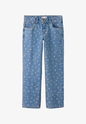 Niebieskie dżinsy z niewielkim, jasnoróżowym i białym kwiatowym nadrukiem, z przodem zapinanym na guziki i zamek oraz z pięciokieszeniowym krojem.