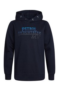 Marineblauwe hoodie van zacht materiaal, met een trekkoordhoood en een vooraanstaande grafische print met de tekst "Petrol Industries & Co".