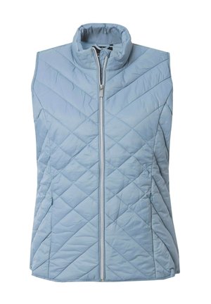 Blauer steppierter Weste mit hohem Kragen, Frontzipp und seitlichen Taschen. Verfügt über ein Rautenmuster und einen leichten Stoff.