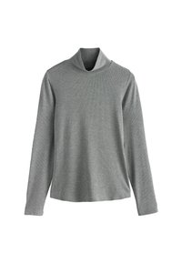 Grauer Rollkragenpullover aus weichem, geripptem Stoff, mit langen Ärmeln und lockerem Schnitt. Einfaches, vielseitiges Design ohne Muster oder Akzente.